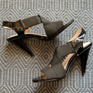 CK black patent leather & elastic strappy heels